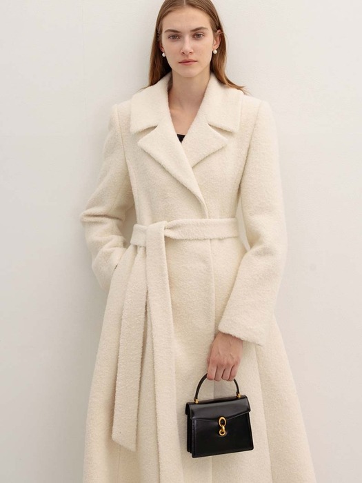 HARMONY Belted flared boucle long coat (Cream)