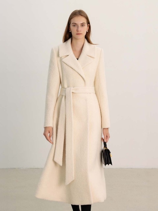 HARMONY Belted flared boucle long coat (Cream)