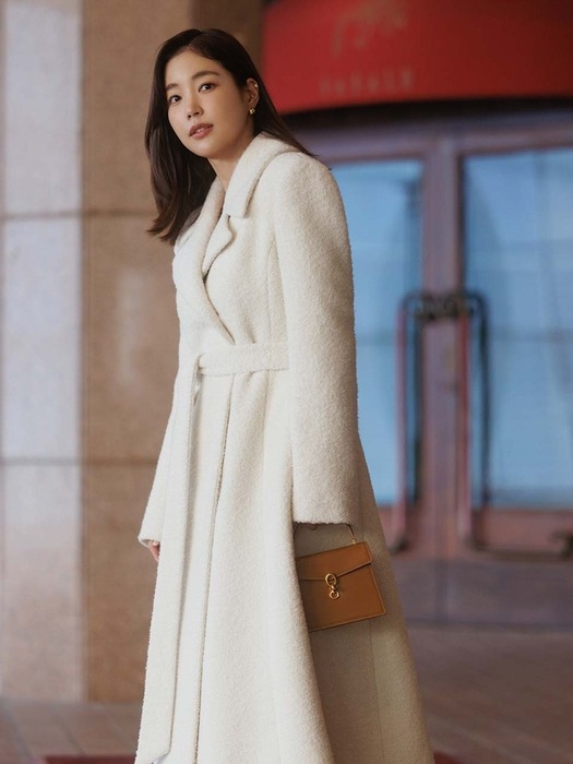 HARMONY Belted flared boucle long coat (Cream)