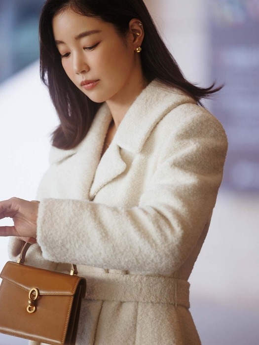 HARMONY Belted flared boucle long coat (Cream)