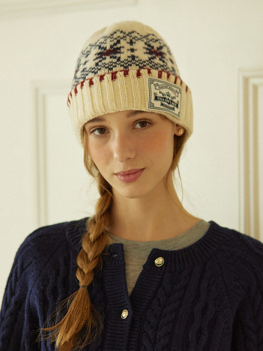 [선물포장] Nordic Snow Flower Beanie - Ivory