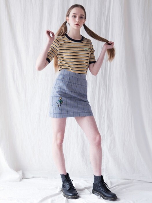 FLOWER EMBROIDERY CHECK SKIRT [BLUE]