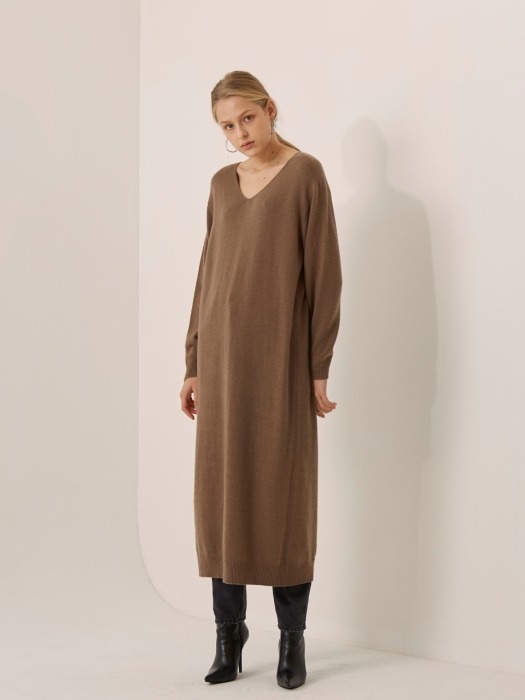 cashmere v-neck long dress_brown