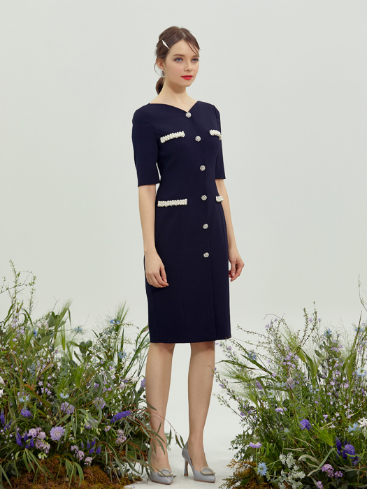 AMANT / Heart Neck Pearl Lining Dress (navy)