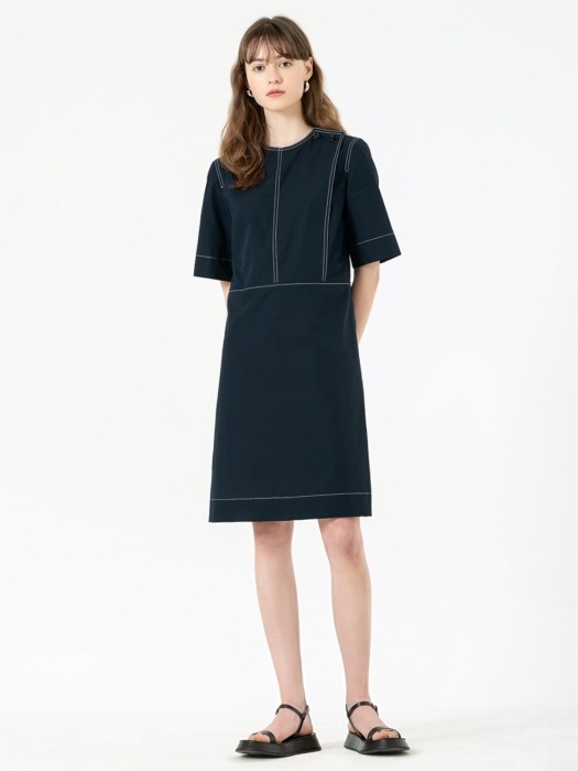 STITCHED SHIFT DRESS(NAVY)