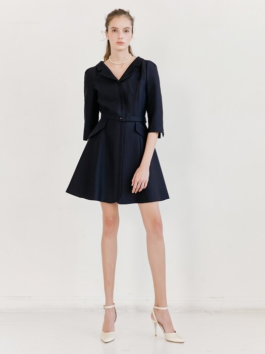 DIANA V-neck notched collar flared dress (Deep Navy) (Short)