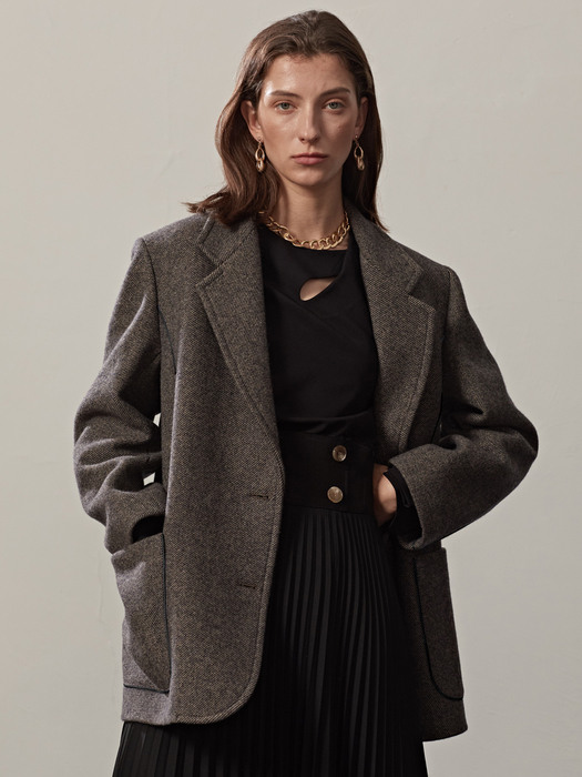 OVERSIZED PIPING WOOL TWILL JACKET(GREYISH BROWN)