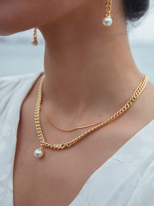 2CHAIN PEARL PENDANT NECKLACE GOLD