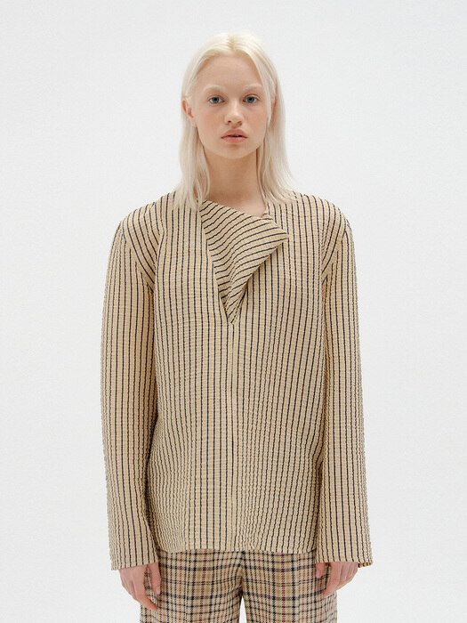 SOVIA Oversized Long Sleeve Top - Beige/Navy Stripe