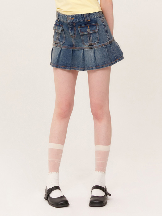 PLEATS DENIM MINI SKIRT KH [DARK BLUE]