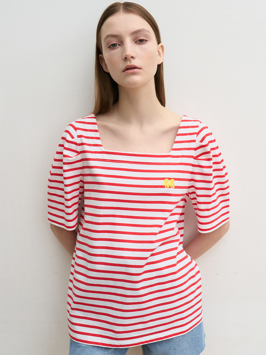 Stripe square-neck T-shirts (red)