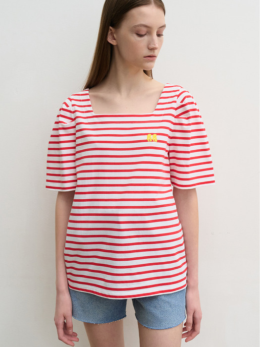 Stripe square-neck T-shirts (red)