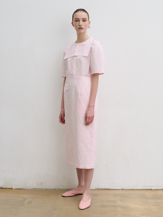 Pink linen-blend sailor collar dress