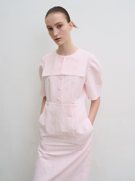 Pink linen-blend sailor collar dress