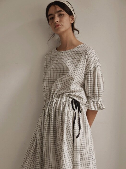 Long-Waisted Linen Check Dresses - 3color