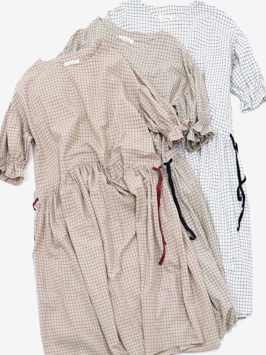 Long-Waisted Linen Check Dresses - 3color