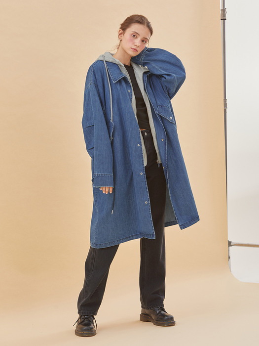 DENIM HOOD OVERSIZE LONG COAT BLUE