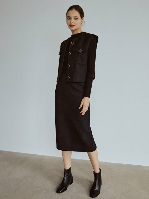 Slit tweed skirt (black)