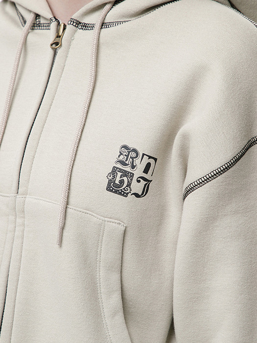 STITCH POINT CROP ZIP UP HOODIE [LIGHT GREY]