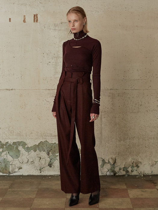 CLAIR CLAIR Semi Wide Belted Wool Pants_Burgundy