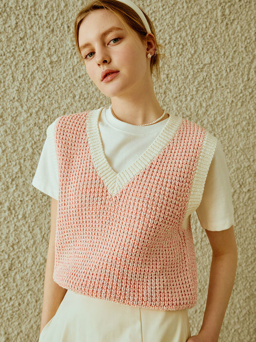 Waffle v-neck knit vest (pink)