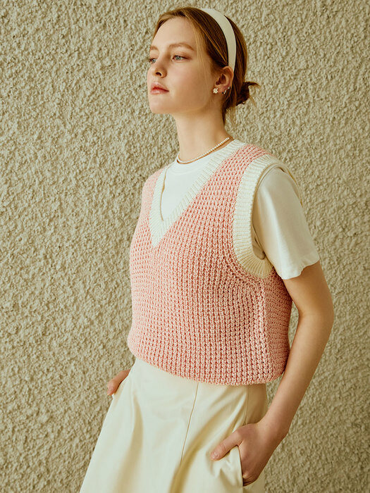 Waffle v-neck knit vest (pink)