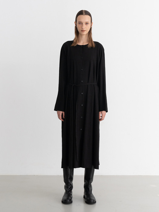 LINEN BLENDED LONG SLEEVE DRESS (BLACK/BEIGE)