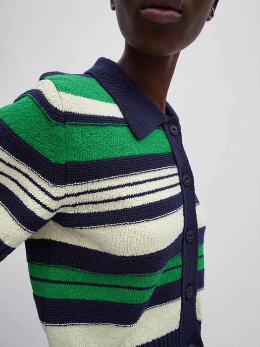 Half Sleeve Striped Cardigan - Green