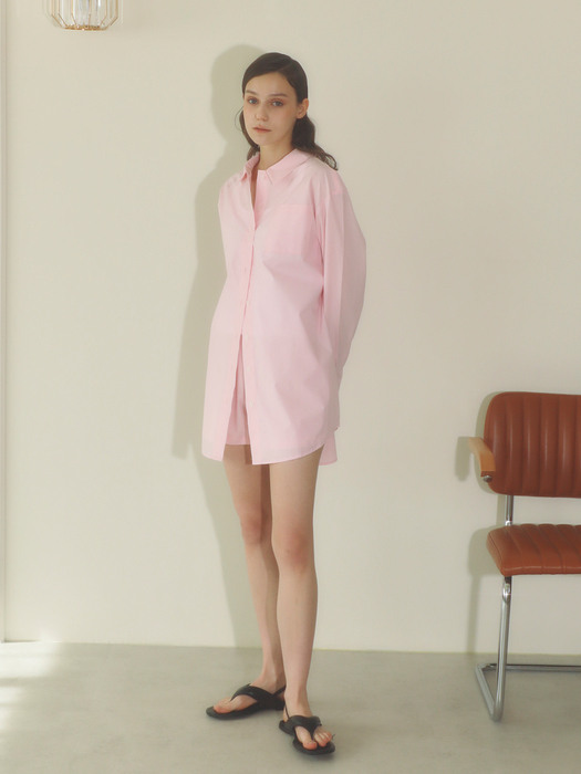 long sleeve cotton shirt dress_pink
