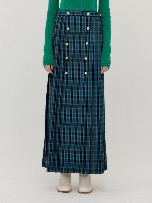 VOVEL Button Front Pleated Skirt - Blue Check