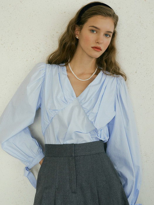 SHIRRING COTTON BLOUSE - SKYBLUE