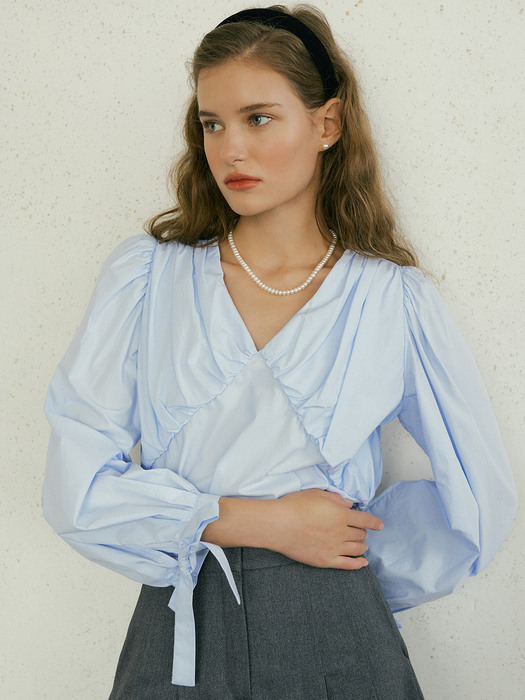 SHIRRING COTTON BLOUSE - SKYBLUE
