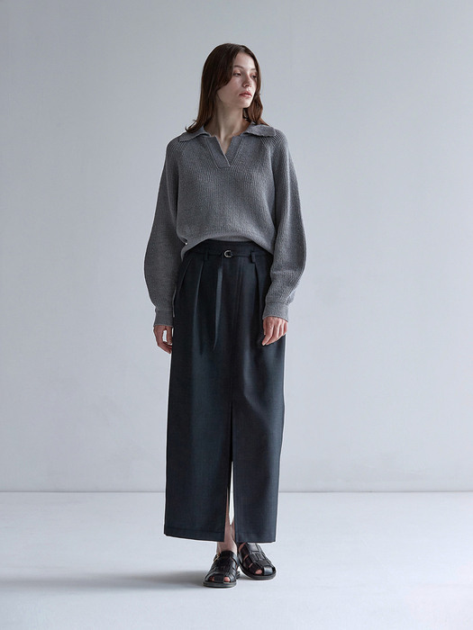 BELTED TUCK LONG SKIRT_CHARCOAL