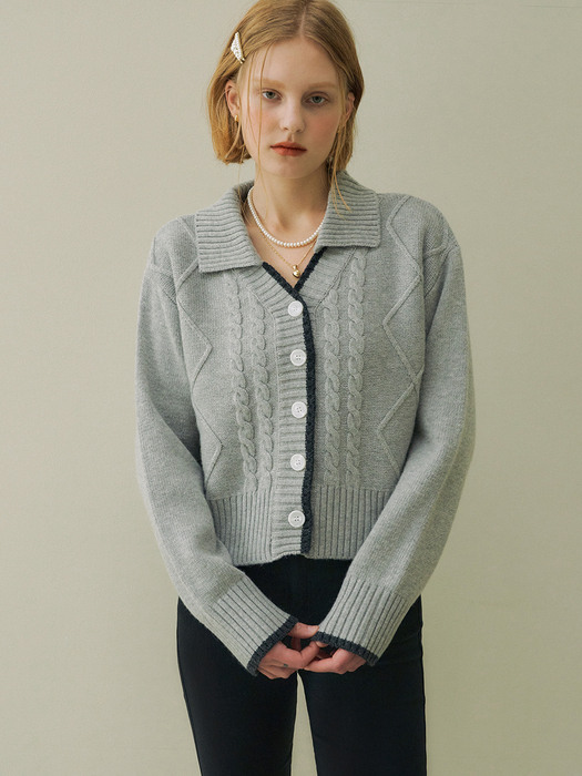CASHMERE BLEND CABLE CARDIGAN - GRAY