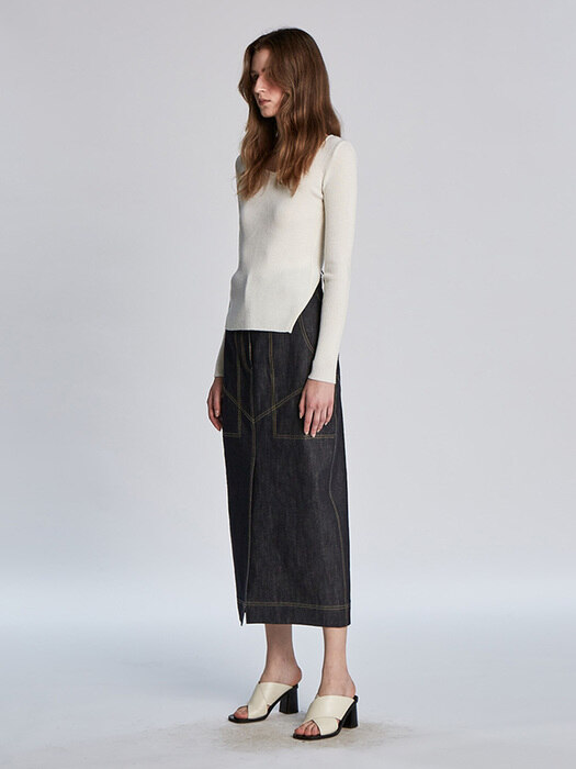 RIBBED SCALLOP NECK WOOL KNIT PULLOVER (IVORY)