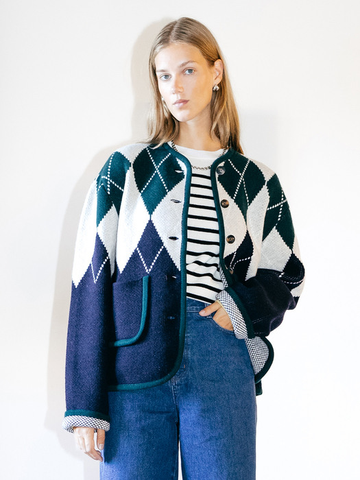 HAPPINESS Argyle wool knit cardigan (Dark green&Navy)