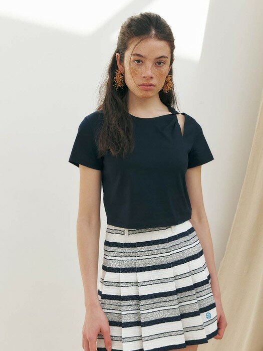 Striped Cotton Jacquard Pleated Skirt, Navy Stripe