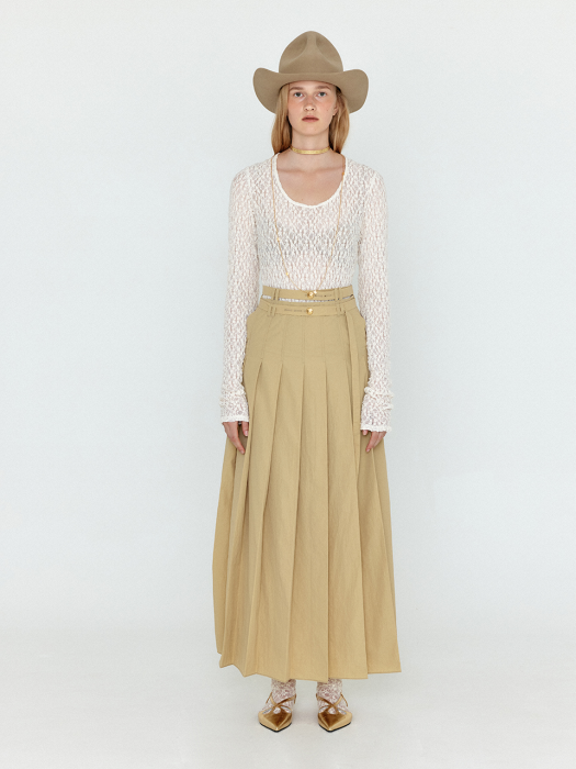 WOVEL Double-Belted Pleated Maxi Skirt - Beige