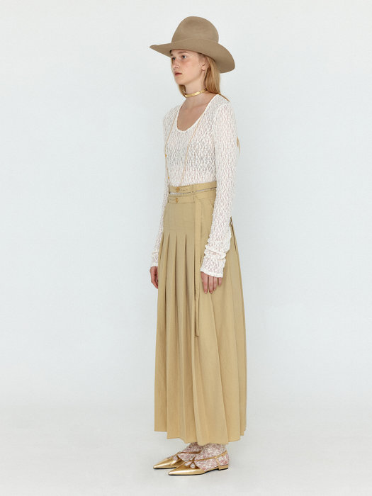 WOVEL Double-Belted Pleated Maxi Skirt - Beige