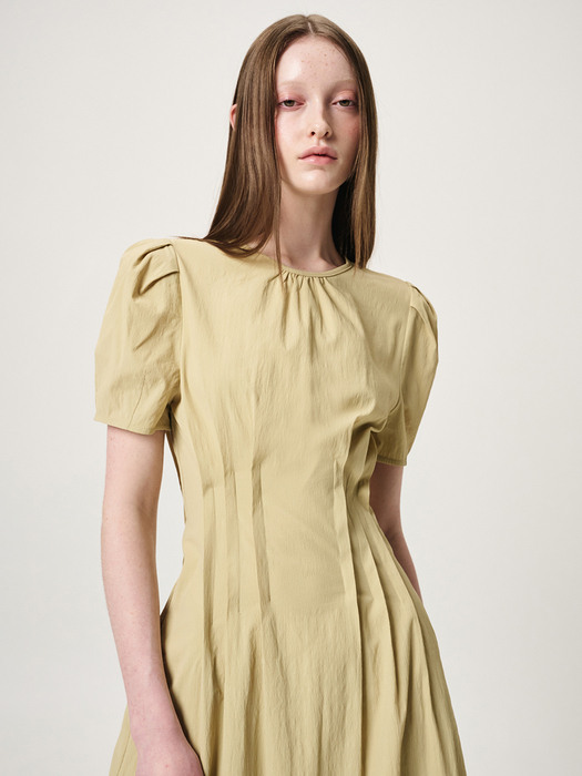 Waist Pintuck Dress, Olive Yellow