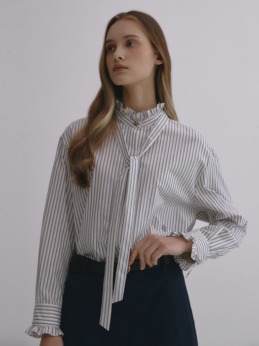 Tie Ruffled Band Neck Shirt OFF WHITE