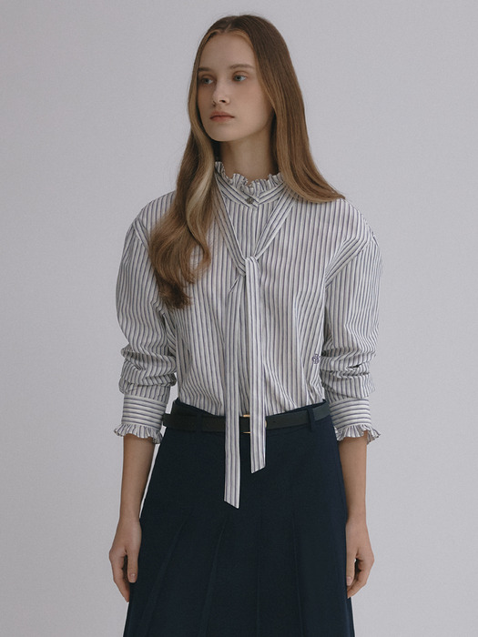 Tie Ruffled Band Neck Shirt OFF WHITE