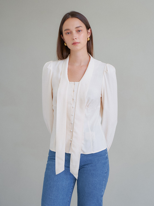 MODAL RIBBON TIE BLOUSE_IVORY