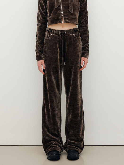 VELOUR PIPING WIDE TRACK PANTS - BROWN