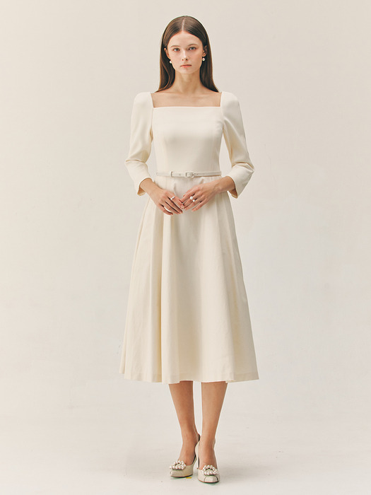 ALVIN Square neck flared long dress (Cream/Black)