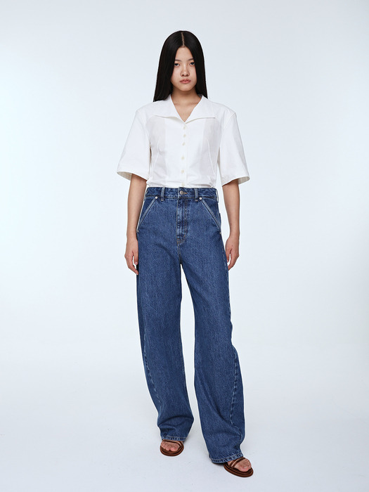 Curved Silhouette Cocoon Denim Pants _ Middle Indigo