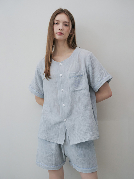 Cotton Gingham Piping Pajama Set (blue)