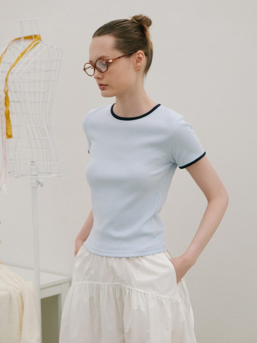 Ribbed Color-Blocked Short Sleeve T Skyblue