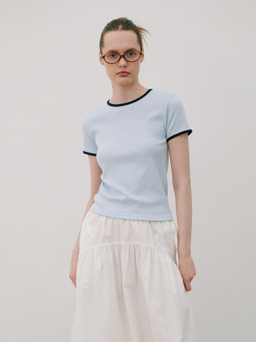 Ribbed Color-Blocked Short Sleeve T Skyblue