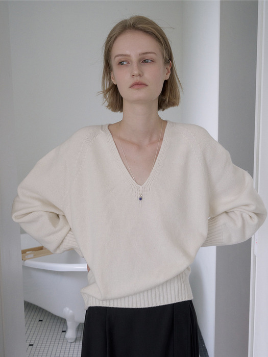 CASH MERINO WOOL V-NECK KNIT_IVORY